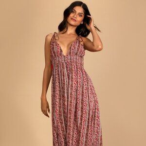 Lulus Field Day Brick Red Floral Print Tie-strap Maxi Dress - Size XL
